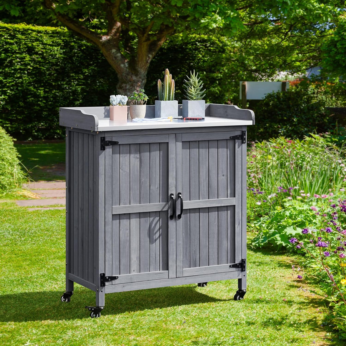 Yaheetech Rolling Potting Bench Outdoor Storage Cabinet, Metal Top, Gray