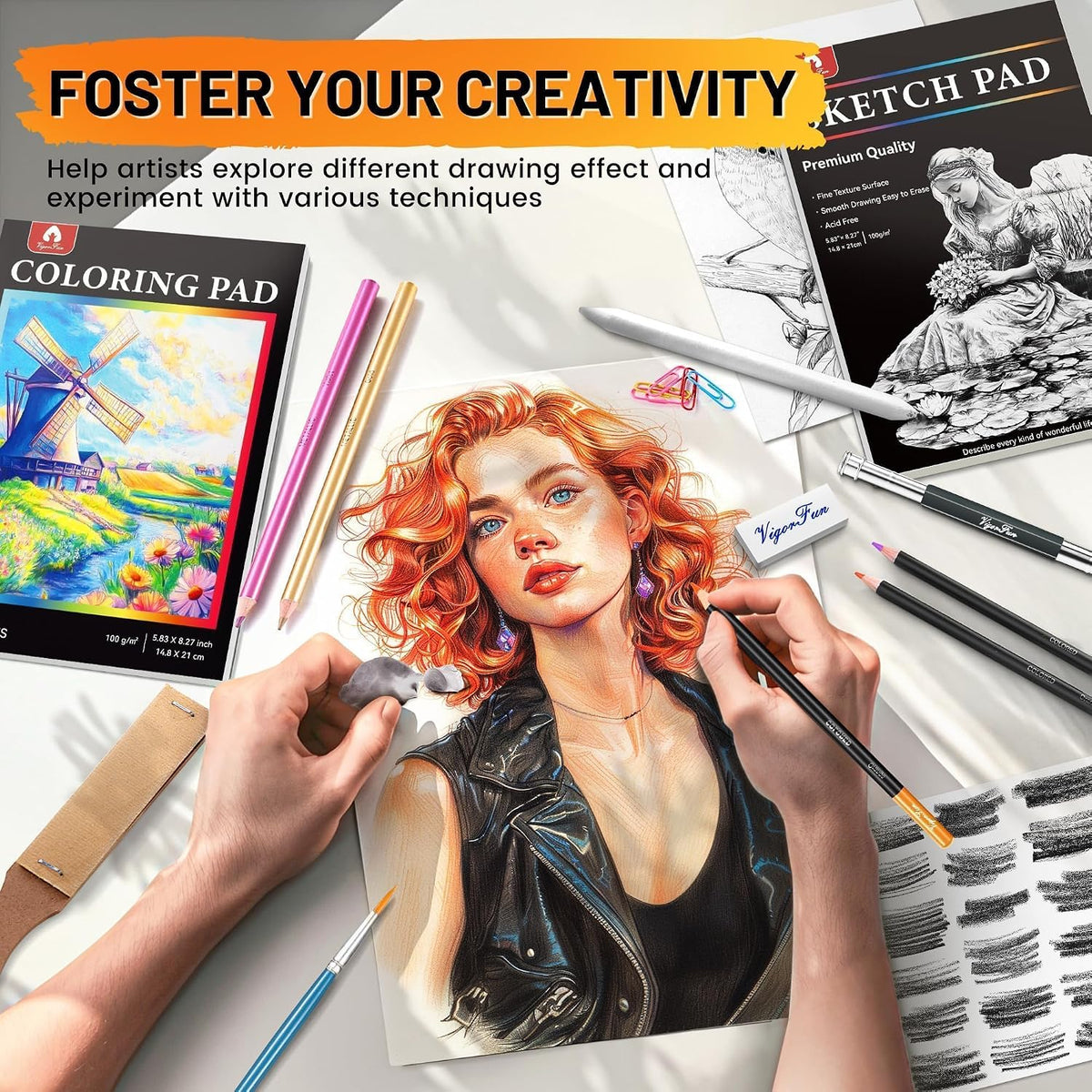 art supplies sketching kit, pro drawing pencils art on a desk or shelf