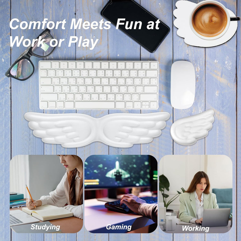 Angel Wing Wrist Rest,Cute Wrist Rest for Keyboard and Mouse,Hand Rests Set Include Ergonomic Keyboard & Mouse Hand Rest and Coaster,Filled Resilient Memory Foam,for Work,Study,Gaming (Pink)