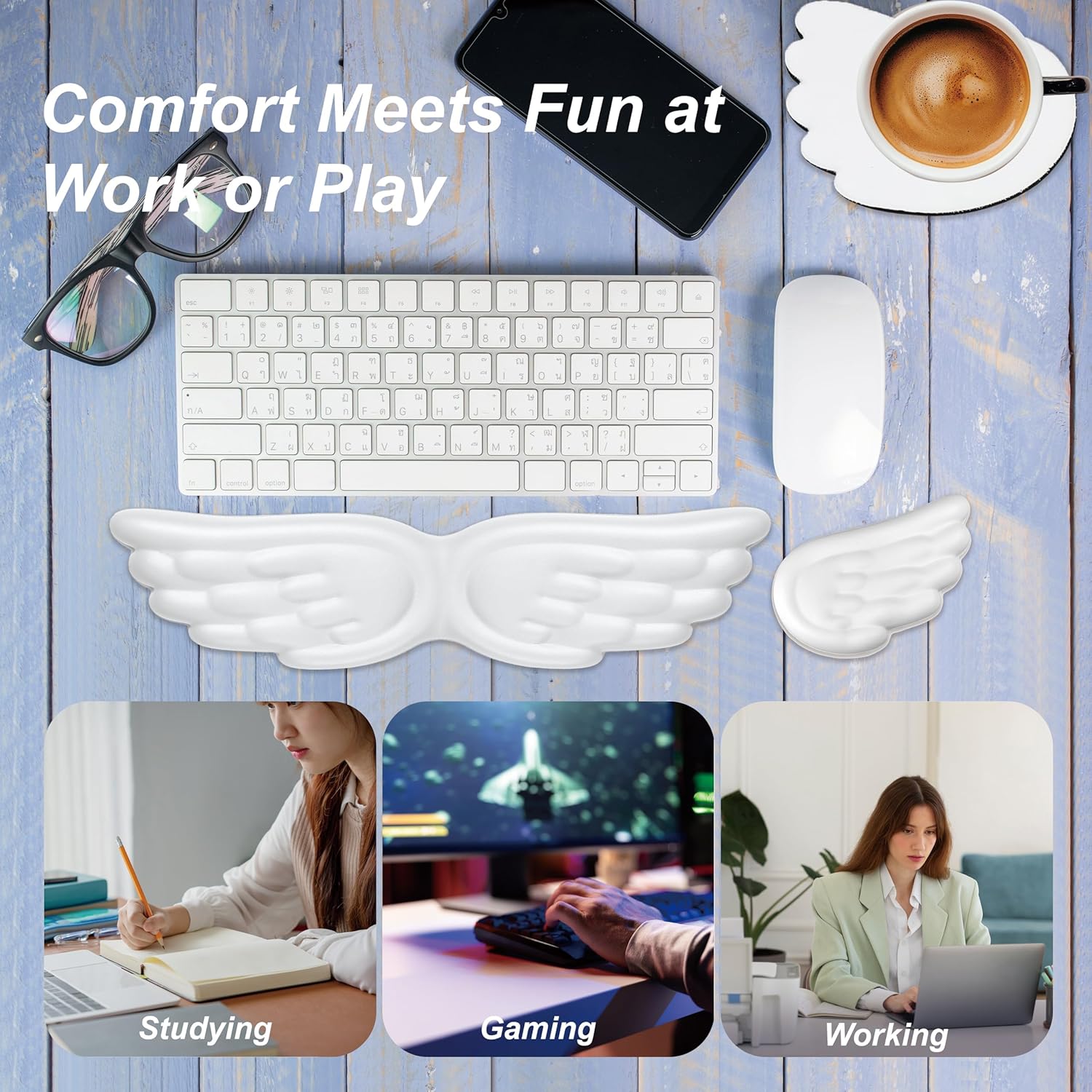 Angel Wing Wrist Rest,Cute Wrist Rest for Keyboard and Mouse,Hand Rests Set Include Ergonomic Keyboard & Mouse Hand Rest and Coaster,Filled Resilient Memory Foam,for Work,Study,Gaming (Pink)