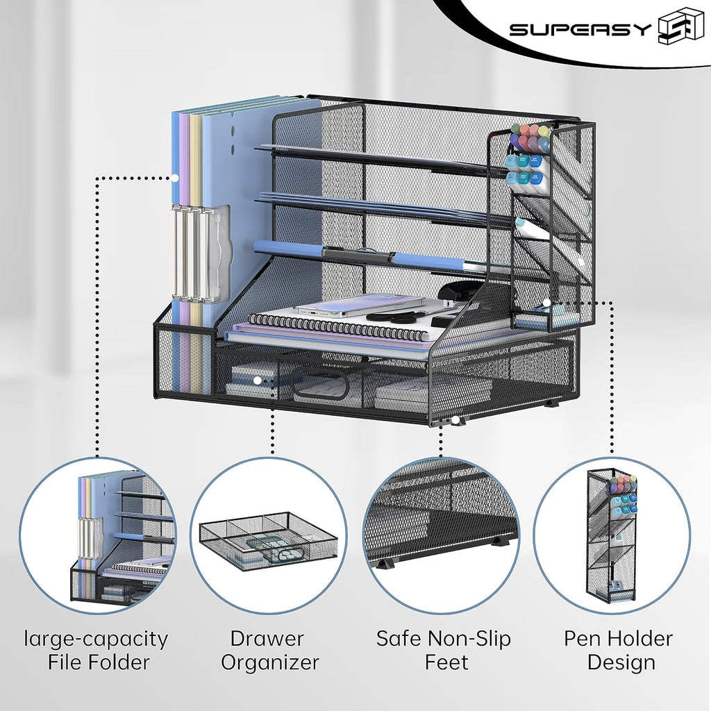 desk organizer with 5 tier file holder and, close-up detail
