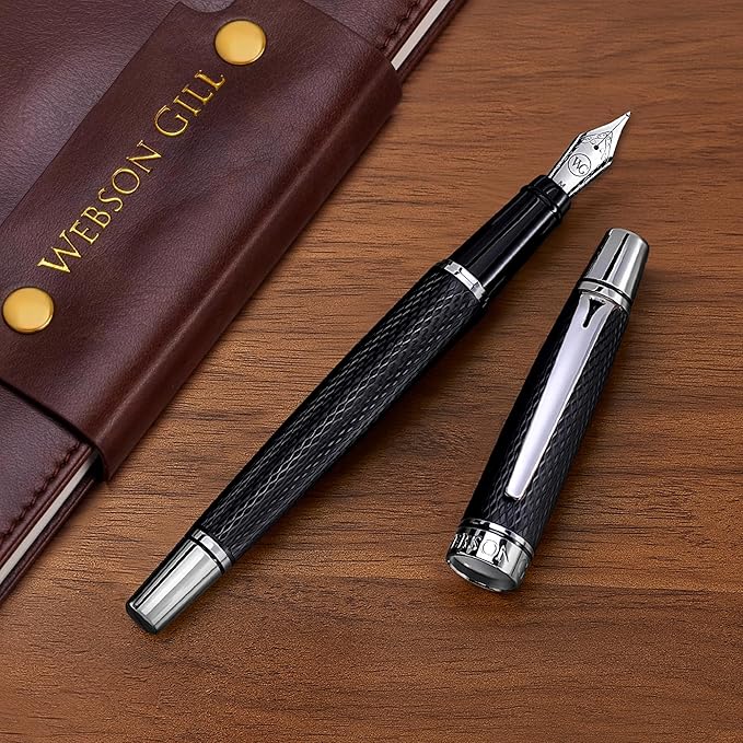Webson Gill Show Up' Black Luxury Executive Fountain Pen, Woven Lacquer & Chrome - Image 5