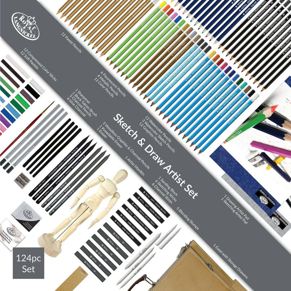 royal & langnickel 124-piece sketching and drawing easel showing dimensions