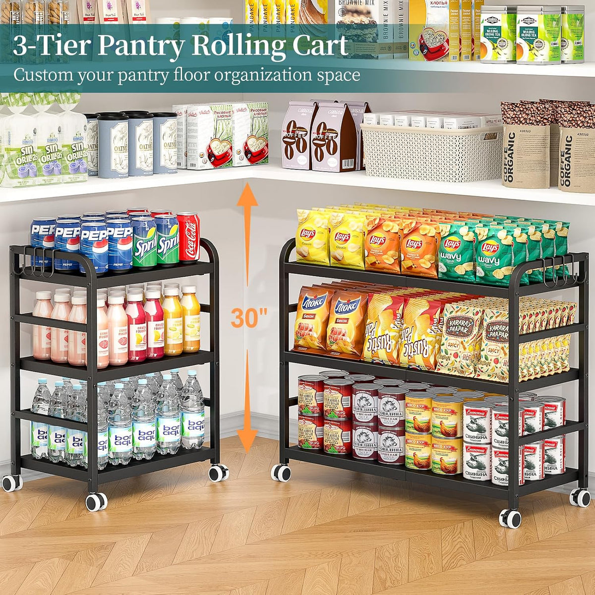 DAOUTIME 3-Tier Expandable Rolling Cart, Pantry Storage Cart with Wheels, Adj...