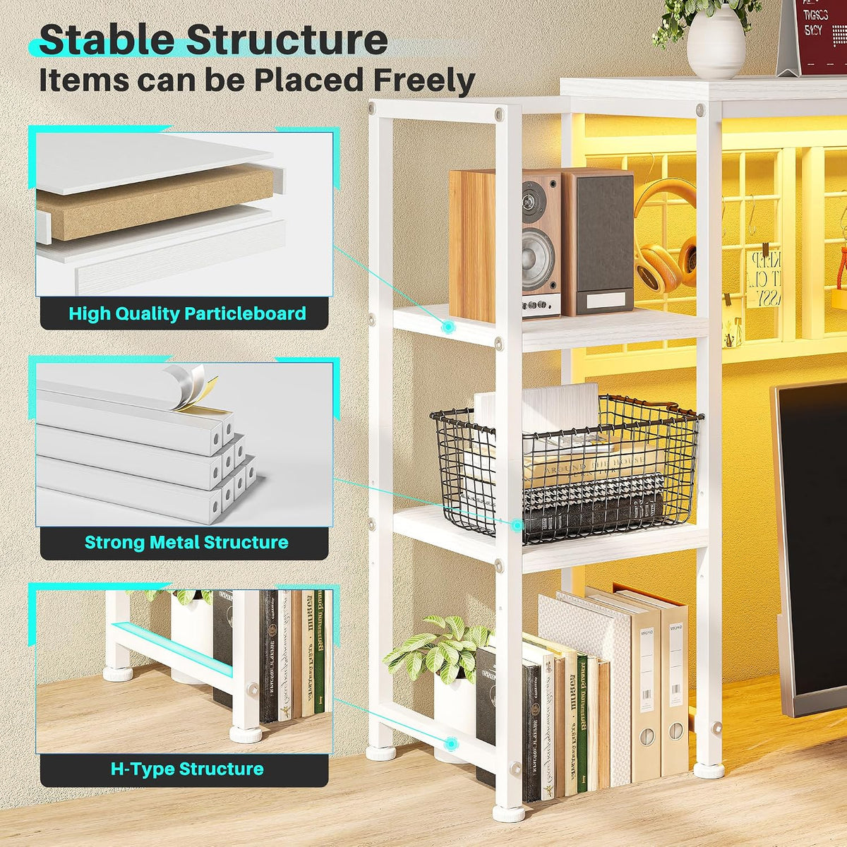 REIBII 5-Tier Desk Shelf with LED for Home Office Dorm, White