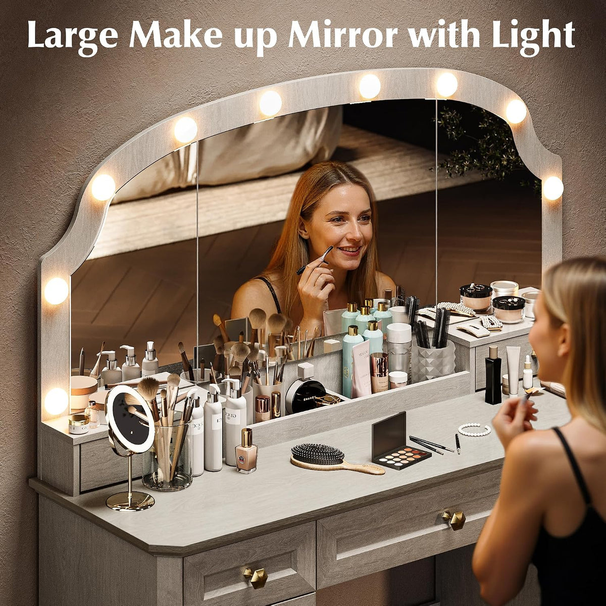 Farmhouse Makeup Vanity Desk with Mirror and Lights, 47'' Vanity Tabl...