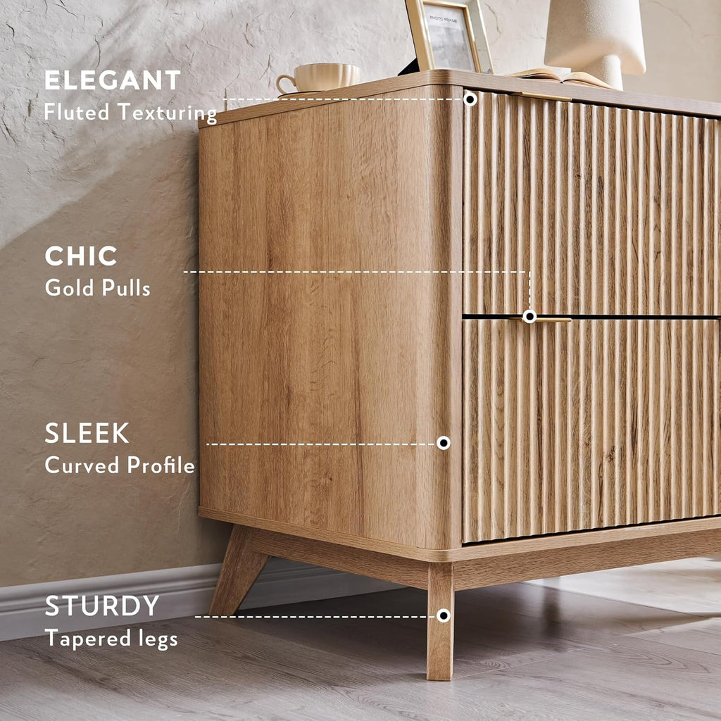 T4TREAM 31.8-Inch Fluted 2 Drawer Lateral File Cabinet, Natural Oak | Filing Cabinet with Files Hanging Rod for Letter, Legal, A4, Large Tabletop for Printer, Wood Printer Cabinets, Home Office