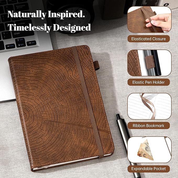 CAGIE Lined Journal for Men Women, Tree Growth Ring Leather Bound Journal - Image 2