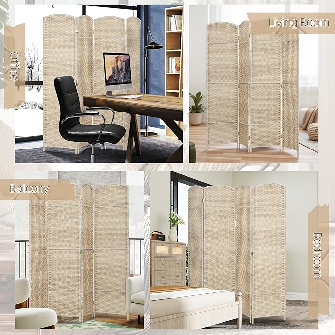 HOMCOM 4 Panel Room Divider, Hand-Woven Freestanding Wall Partition - Image 6