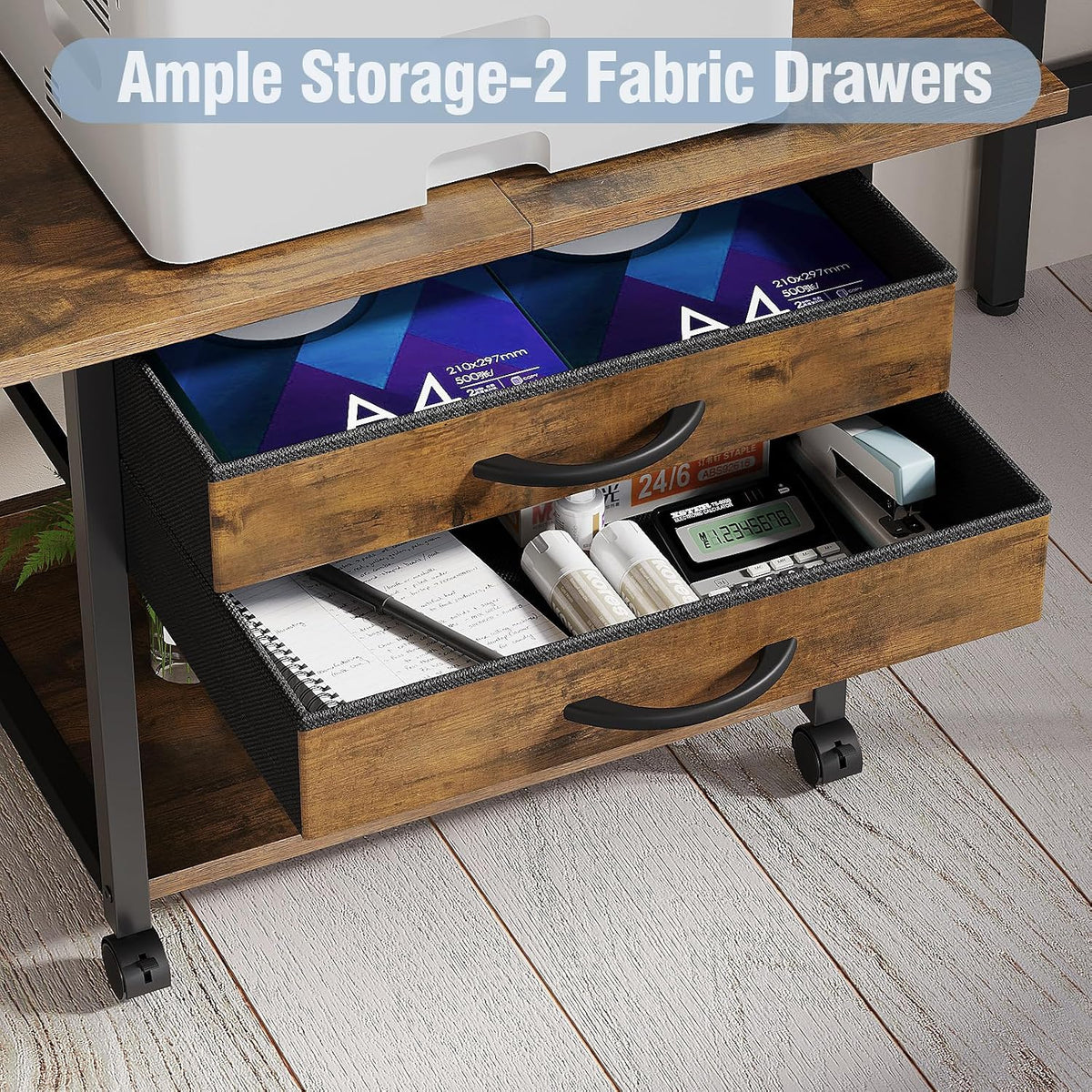 VENNQD Large Printer Stand with Storage Fabric Drawer Under Desk Printer Tabl...