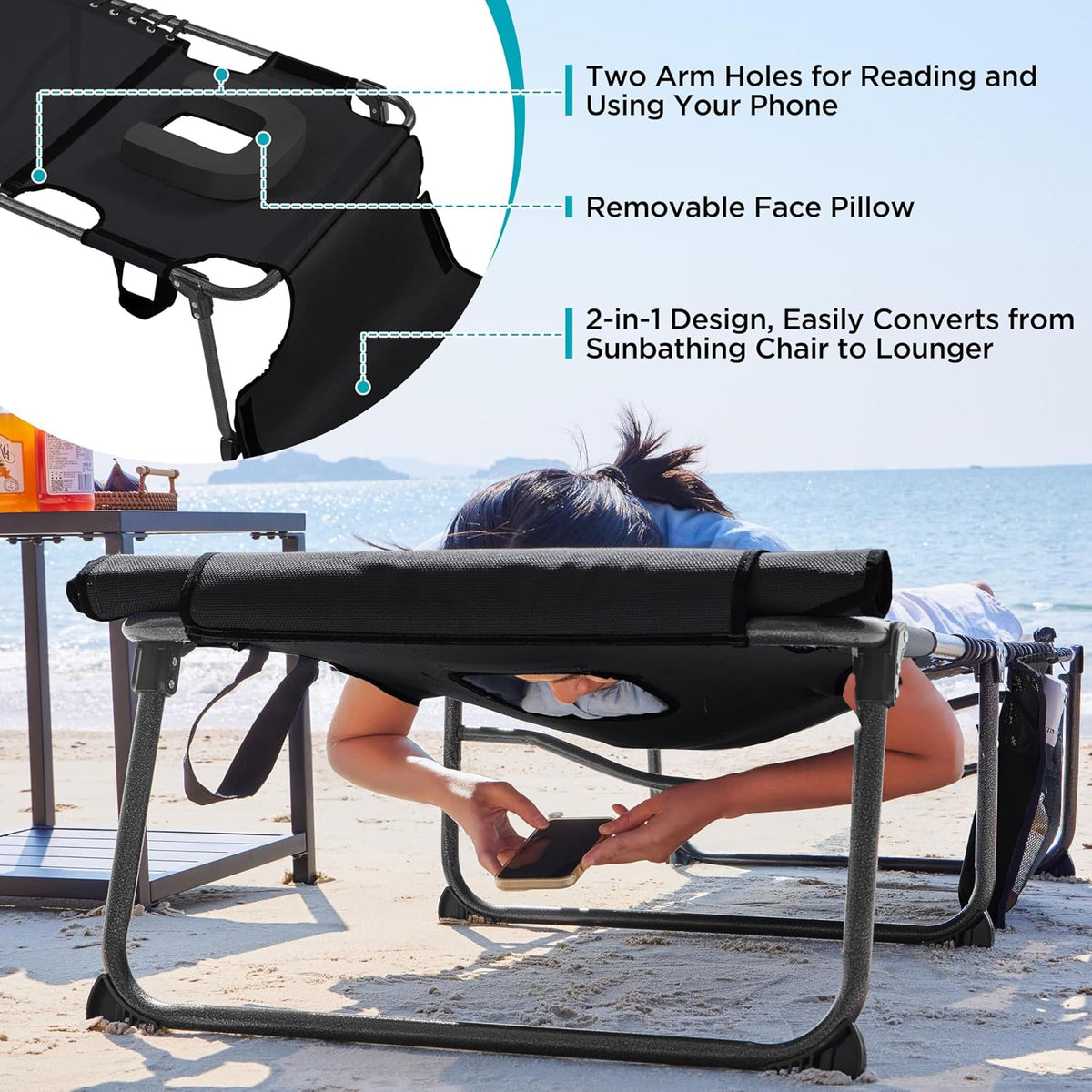 Yaheetech Outdoor Tanning Chair with Face Hole & Removable Cushion Black
