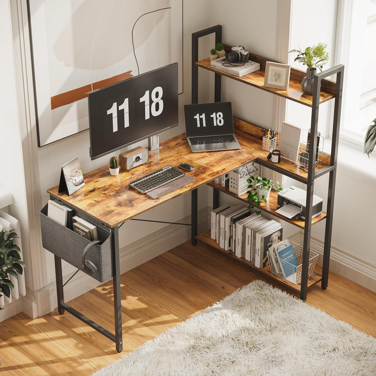 Treesland 47 Inch Computer Desk with Bookshelf, Corner Desk with Storage, L S...