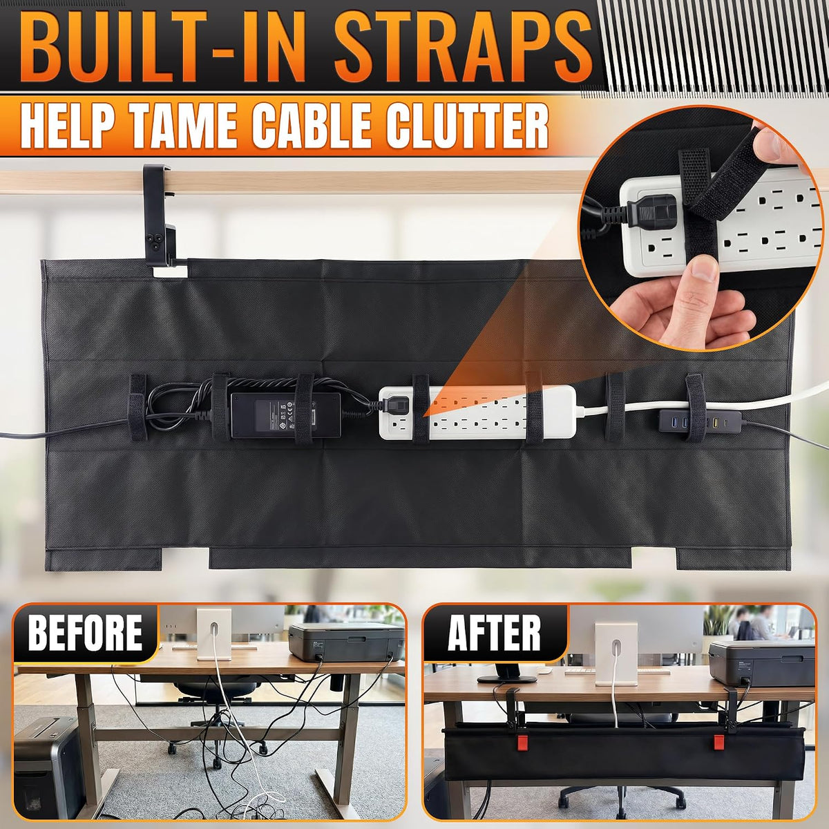 Under Desk Cable Management Tray 36" — No Drill Clamp-On Cord Organizer ...