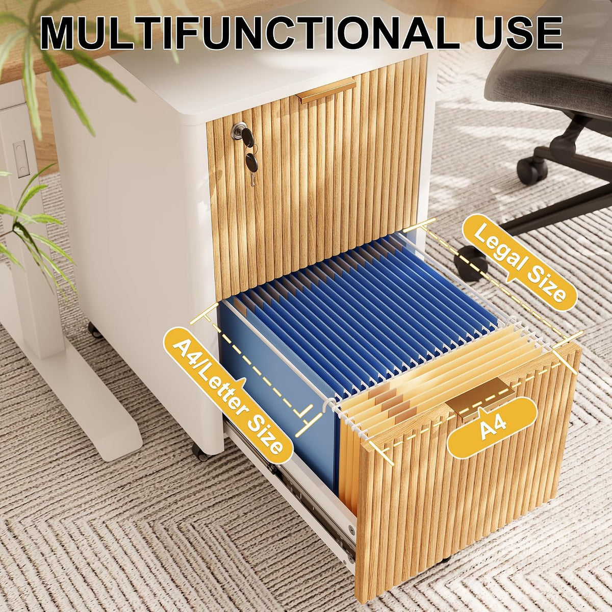 2 drawers fluted mobile file cabinet with lock showing dimensions