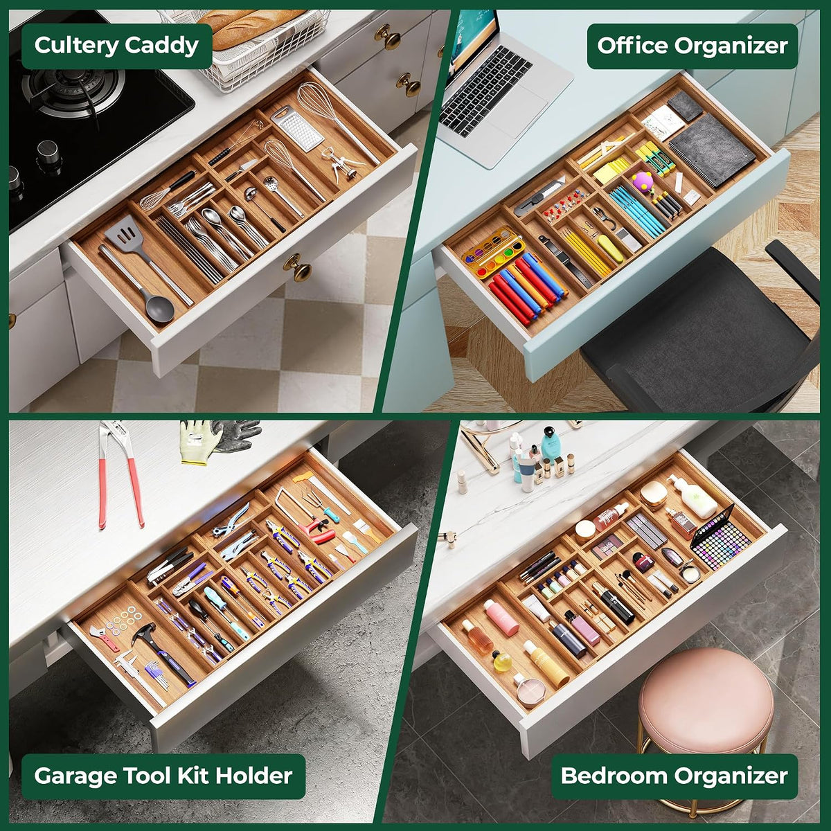Large Silverware Organizer, 13 Slots Magnetic Connected Expandable Acacia Woo...
