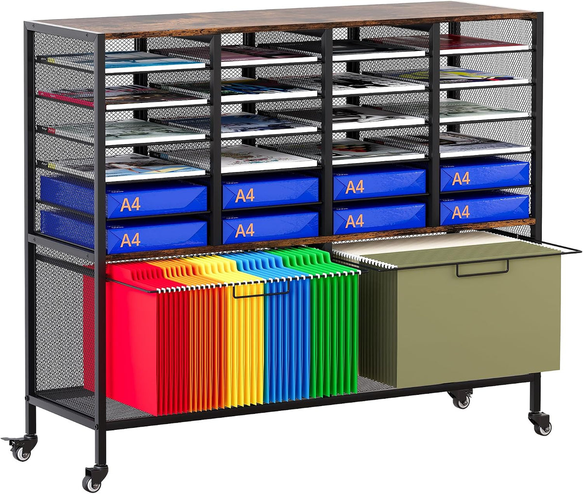 EasyPAG Rolling File Cart with 24 Slot Mail Organizer, Under Desk Storage with