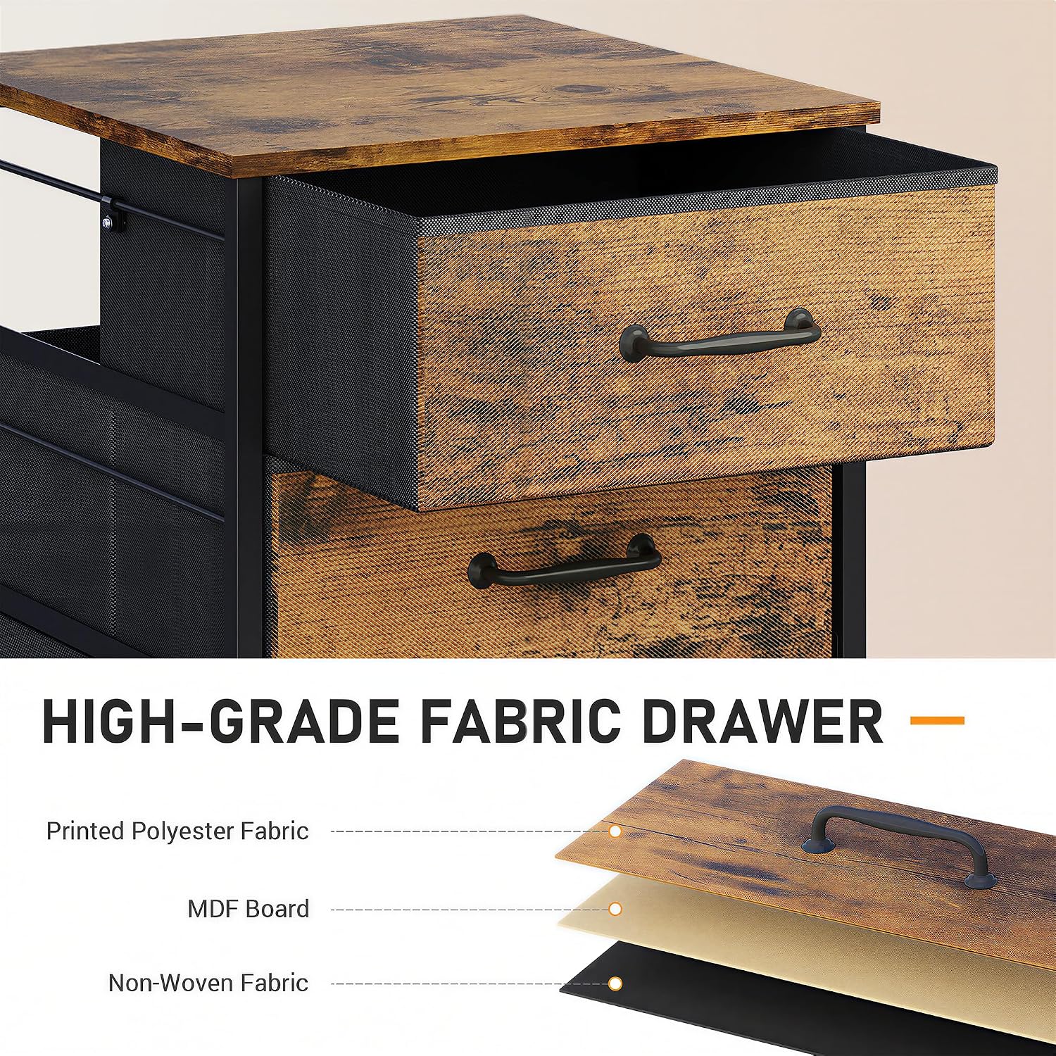 DEVAISE 3-Drawer Mobile File Cabinet, Rolling Printer Stand, Rustic Brown | Fabric vertical filing cabinet with 3 drawers, wood desktop, steel frame, fits A4/Letter, Under Desk Storage for home office