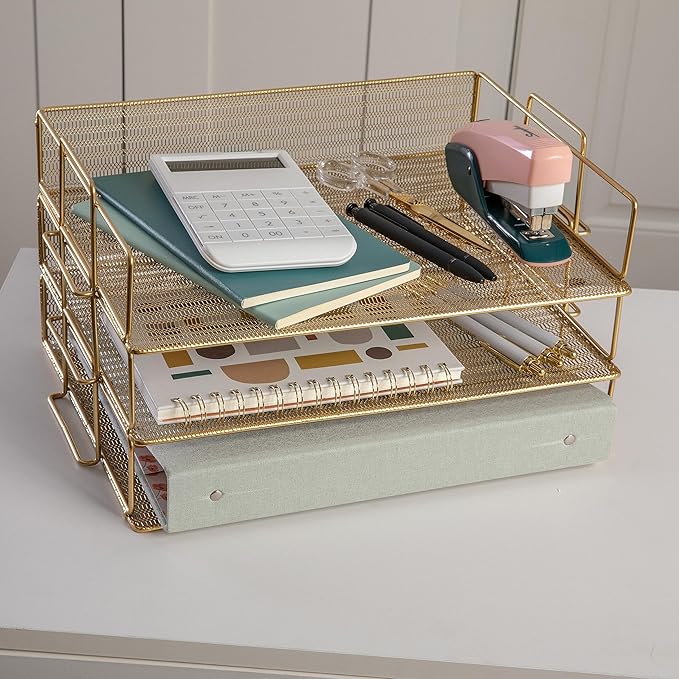 Martha Stewart Ryder 3 Tier Desk Letter Tray Organizer, Stackable Steel Mesh - Image 6