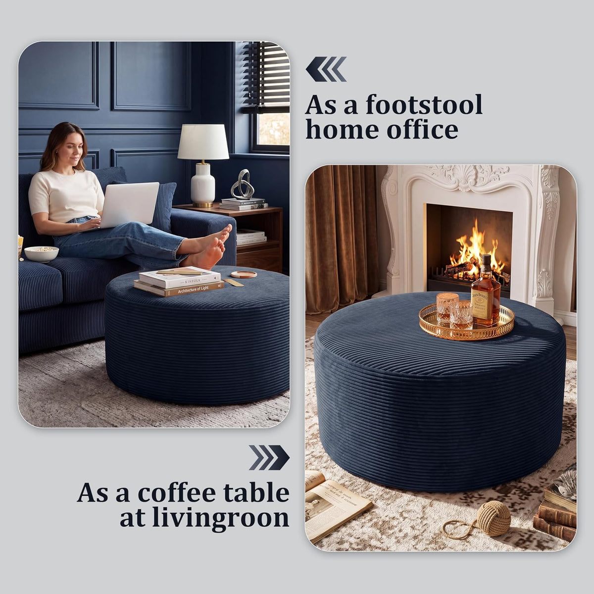 BSHOMGI Coffee Table Round Ottoman, Oversized Footrest for Couch with Removab...