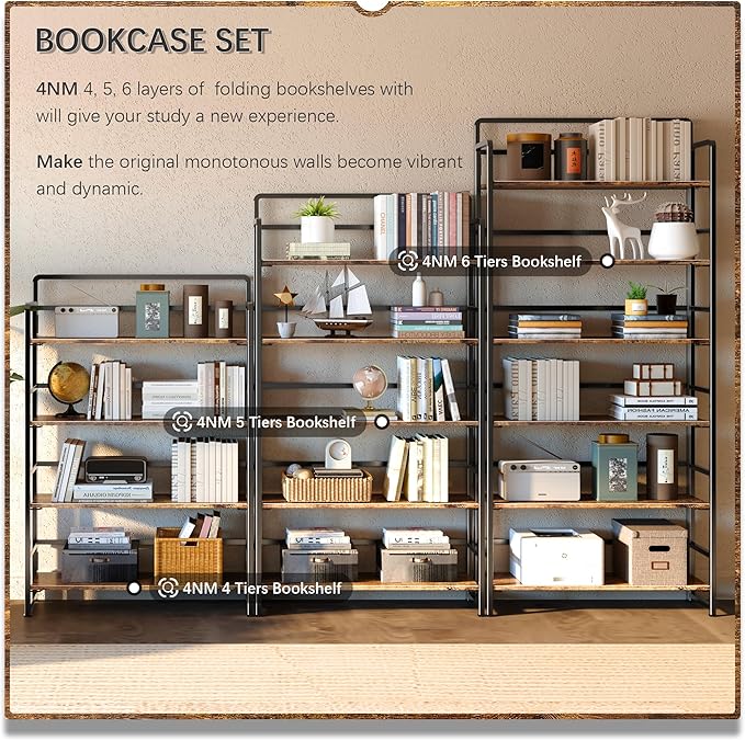 4NM No Assembly Extra Wide 6 Tiers Folding Bookshelf Storage Shelves Vintage - Image 5