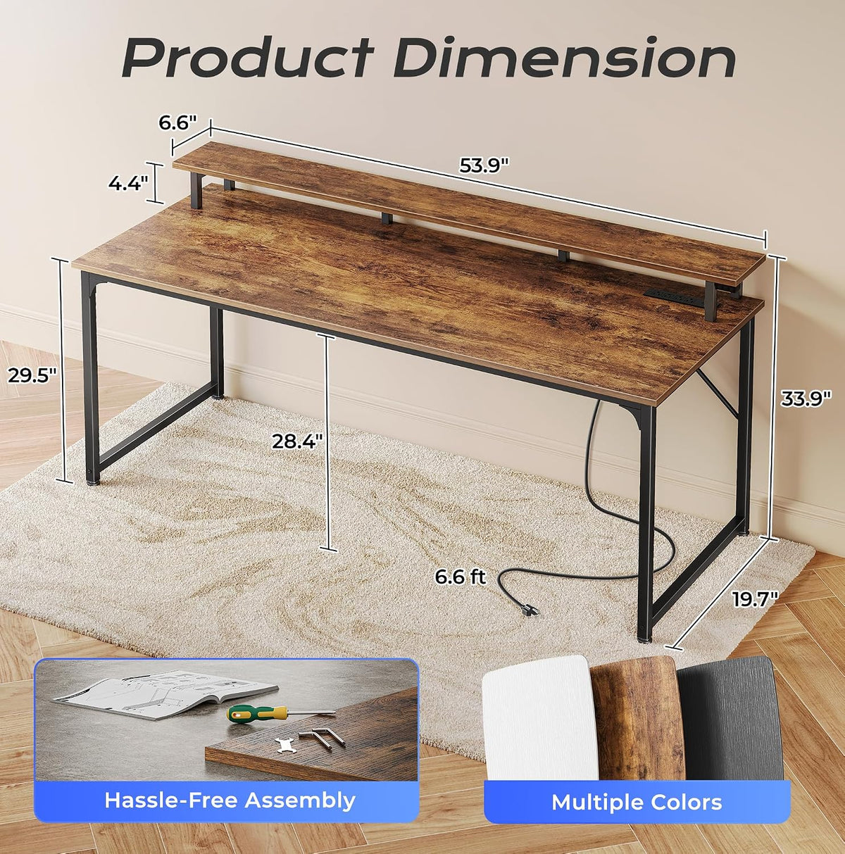 PRAISUN 55 inch Gaming Desk, LED & Outlets, Monitor Stand, Rustic Brown