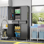 71-inch garage storage cabinet with 2 drawers, wheels shown in use