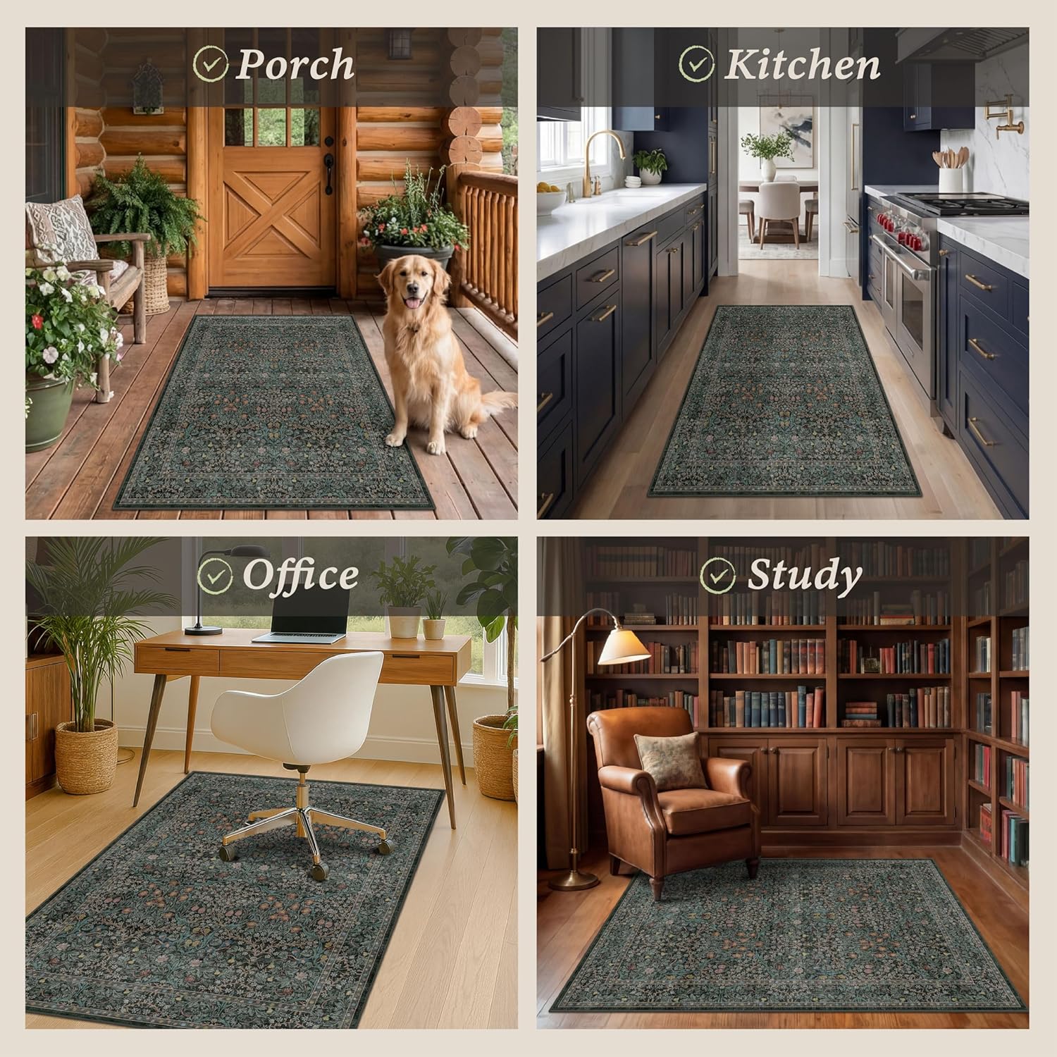 48"x60" Dark Green Office Chair Mat for Hardwood & Tile Floor, Vintage Floral Washable Under Desk Rug with Anti-Slip Backing & Ultra Soft, Floor Protector for Rolling Chairs, Stain Resistant