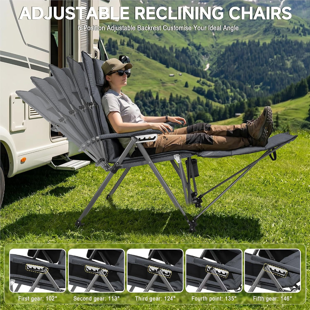 2 Pack Reclining Camping Chairs with Footrest and Pillow, 5 Position Adjustab...