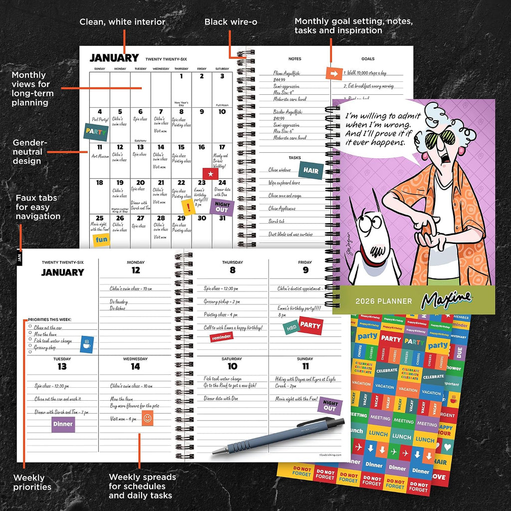 TF Publishing 2026 Maxine Medium Weekly Monthly Planner with 12-Month Calendar Grid, Goals and Task Trackers - Weekly Schedule Planner w/Priority List Section and Stickers - 6.5in x 8in