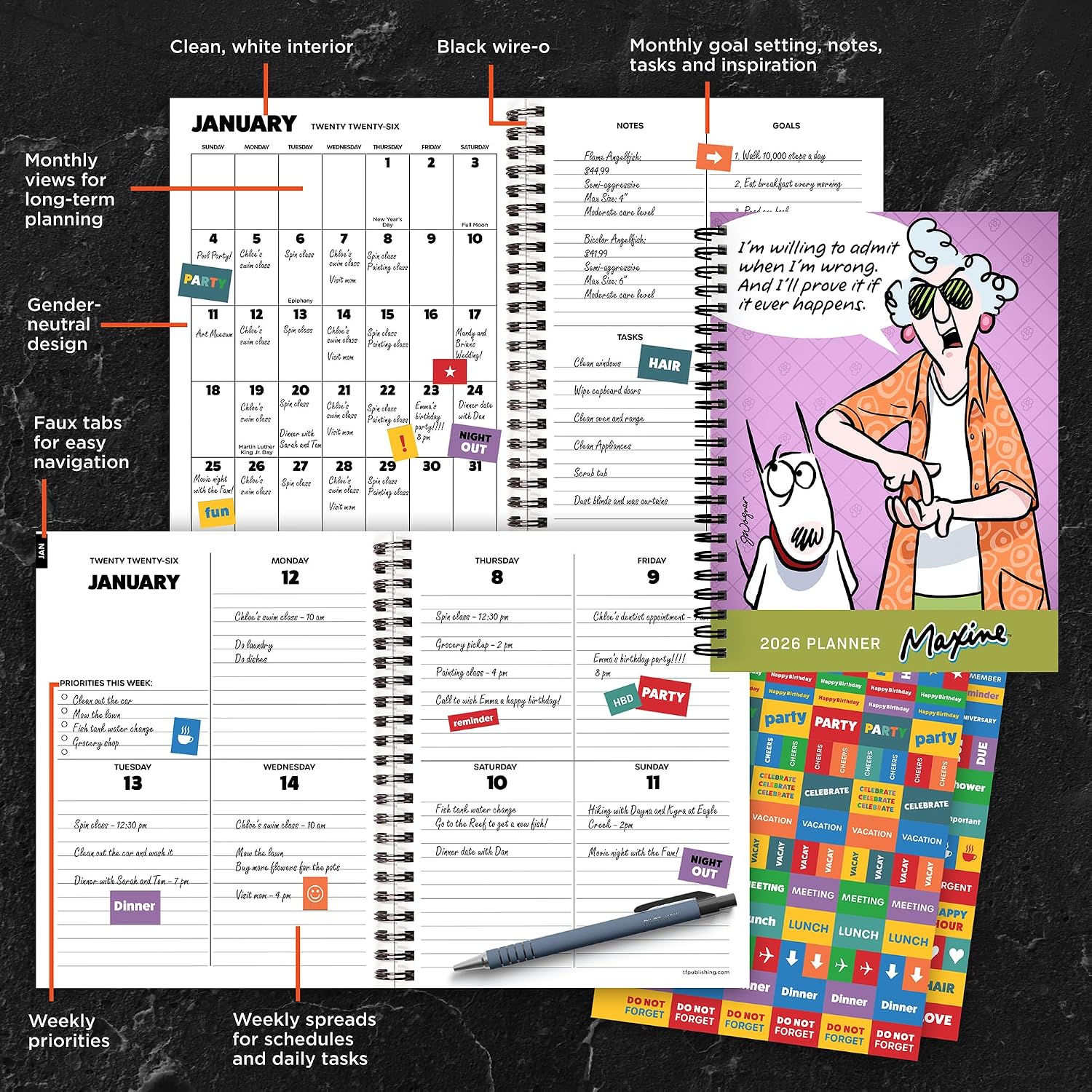 TF Publishing 2026 Maxine Medium Weekly Monthly Planner with 12-Month Calendar Grid, Goals and Task Trackers - Weekly Schedule Planner w/Priority List Section and Stickers - 6.5in x 8in