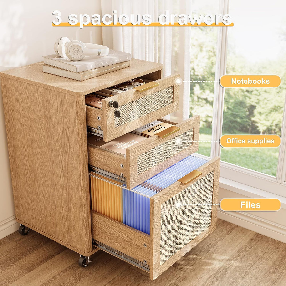 INNOD 3 Drawers Rattan Mobile File Cabinet with Lock, Rolling File Cabinet Pr...