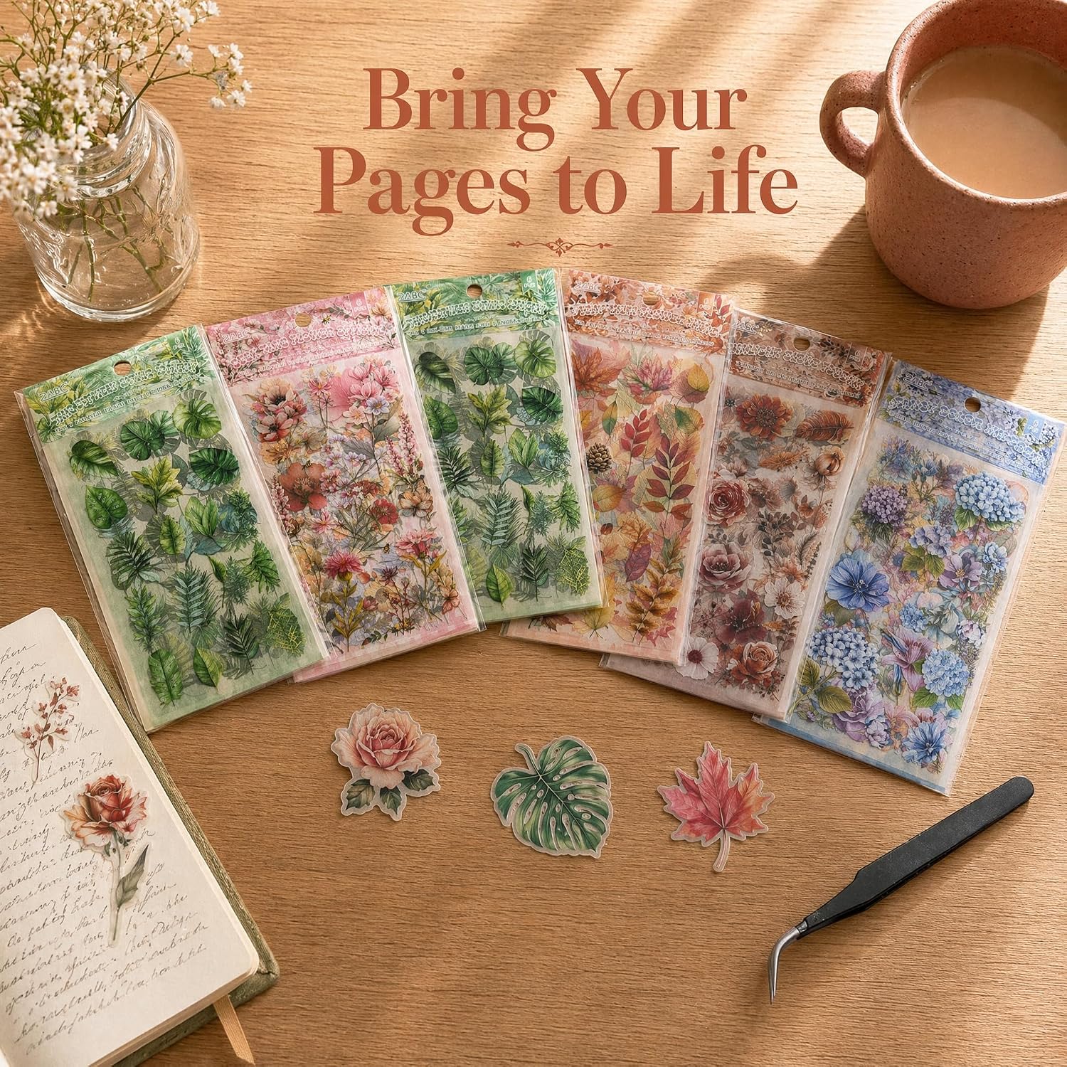 Flower Stickers 576+ PCS Vintage Floral PET with Metal Tweezer | Transparent PET, Waterproof, 36 Sheets Floral Designs, Pre-Cut, Scrapbook Decorations For Scrapbooks & Collage Journals