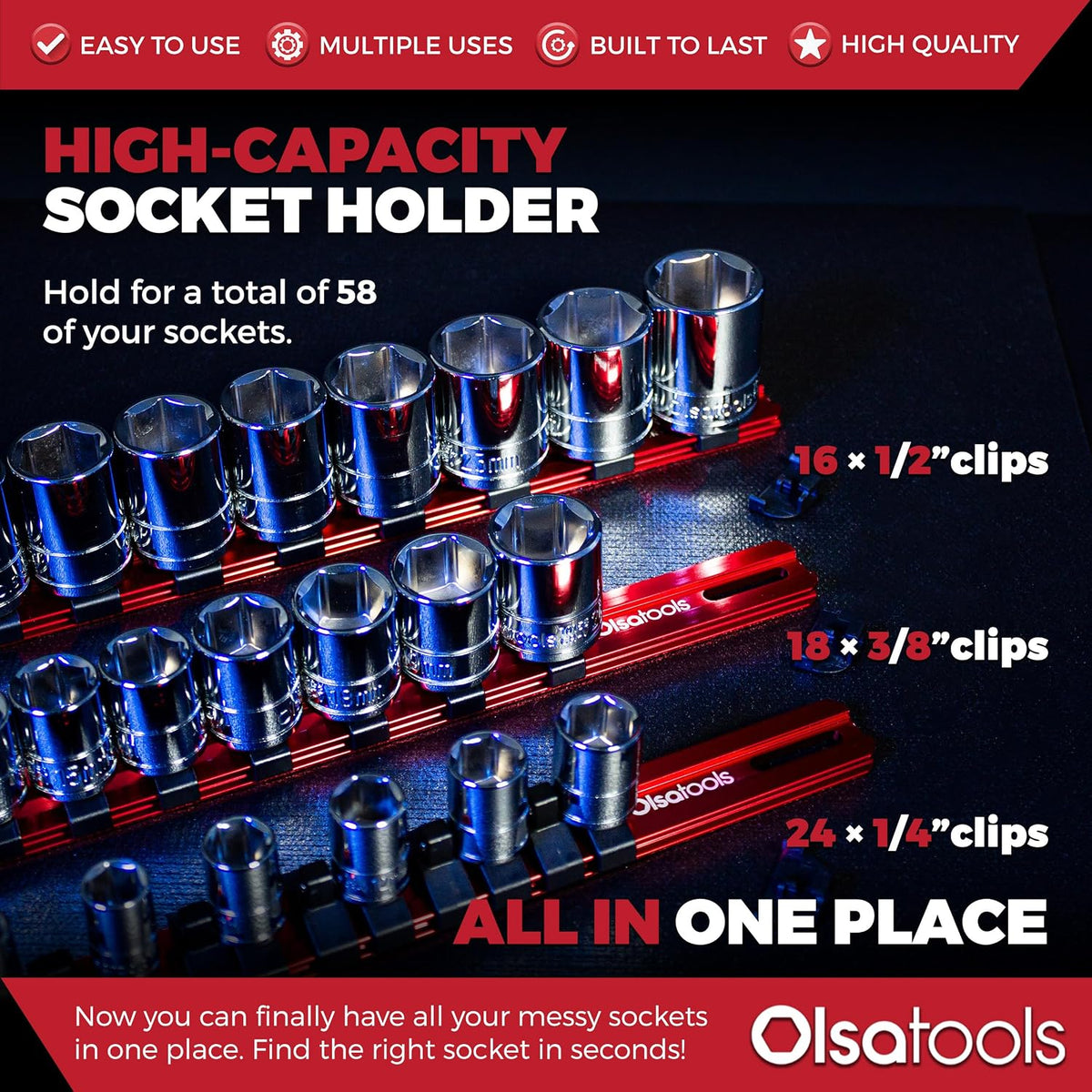 Olsa Tools 3-sets Socket Organizer Rail with Locking Caps, Red