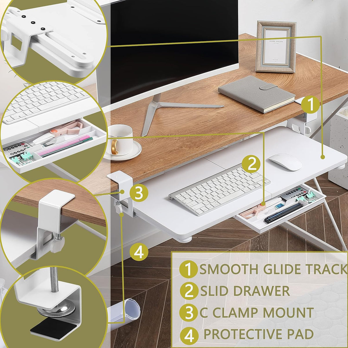 ETHU Under Desk Keyboard Tray with C-Clamp, 26.77x11.81", White