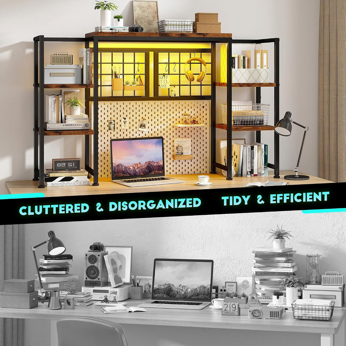 REIBII 5-Tier Desk Shelf with LED for Home Office Dorm, Rustic Brown