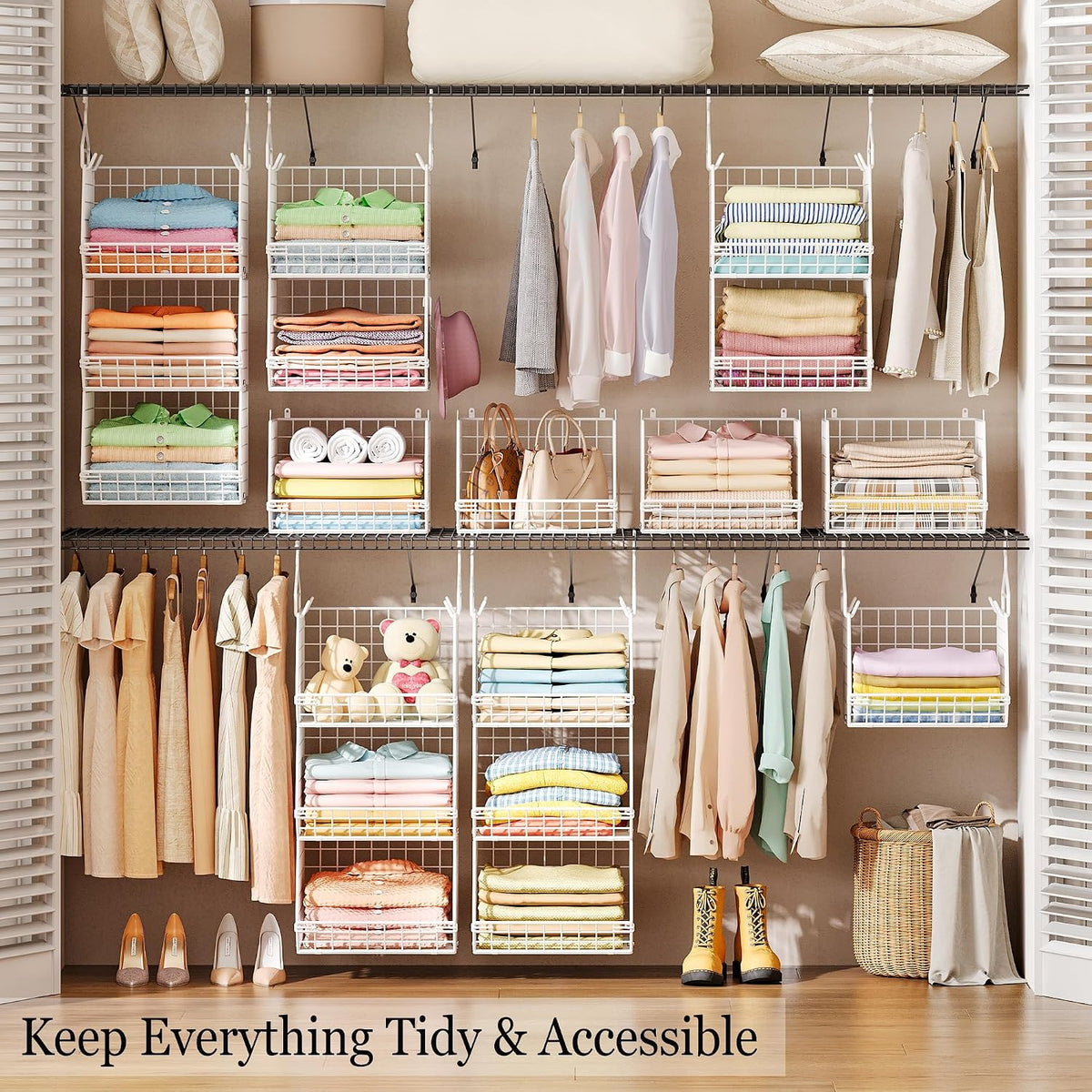 X-cosrack 3 Tier Foldable Closet Organizer, Clothes Shelves with 5 S Hooks, W...