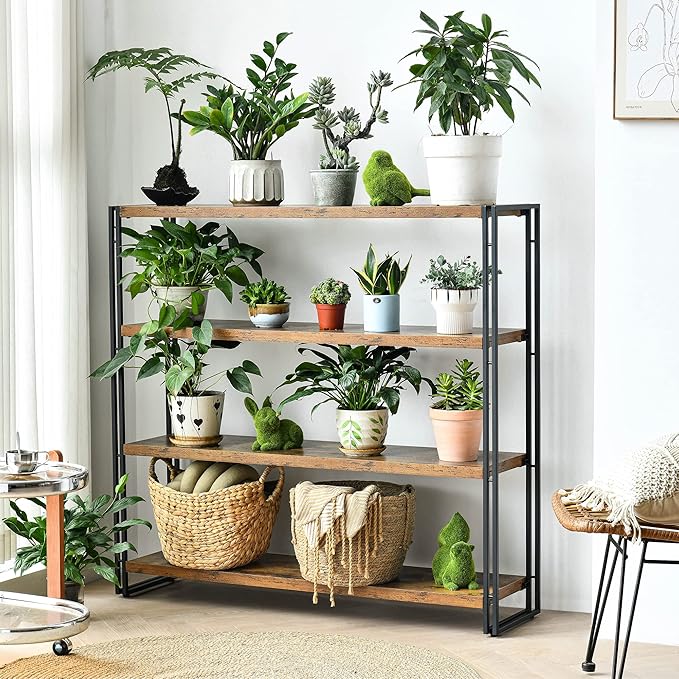 HCHQHS Bookshelf, 4-Tier Industrial Bookcase, Rustic Wood and Metal Open - Image 7