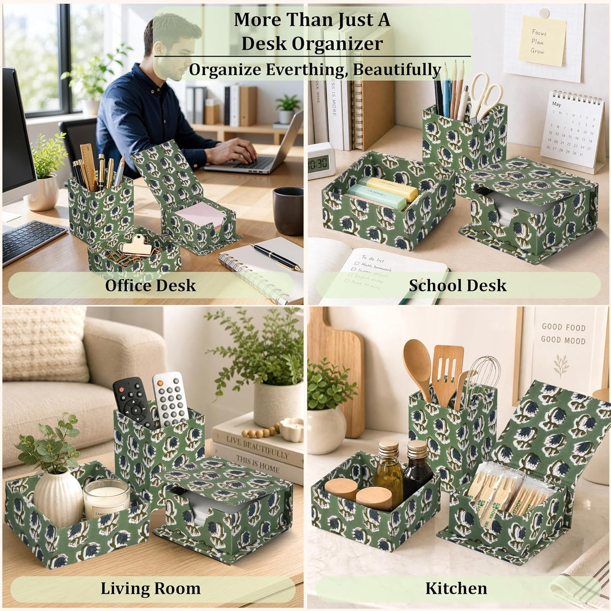 Ridhi Basil Green Block Print Desk Organizer Pen & Notepad Holder Set-3