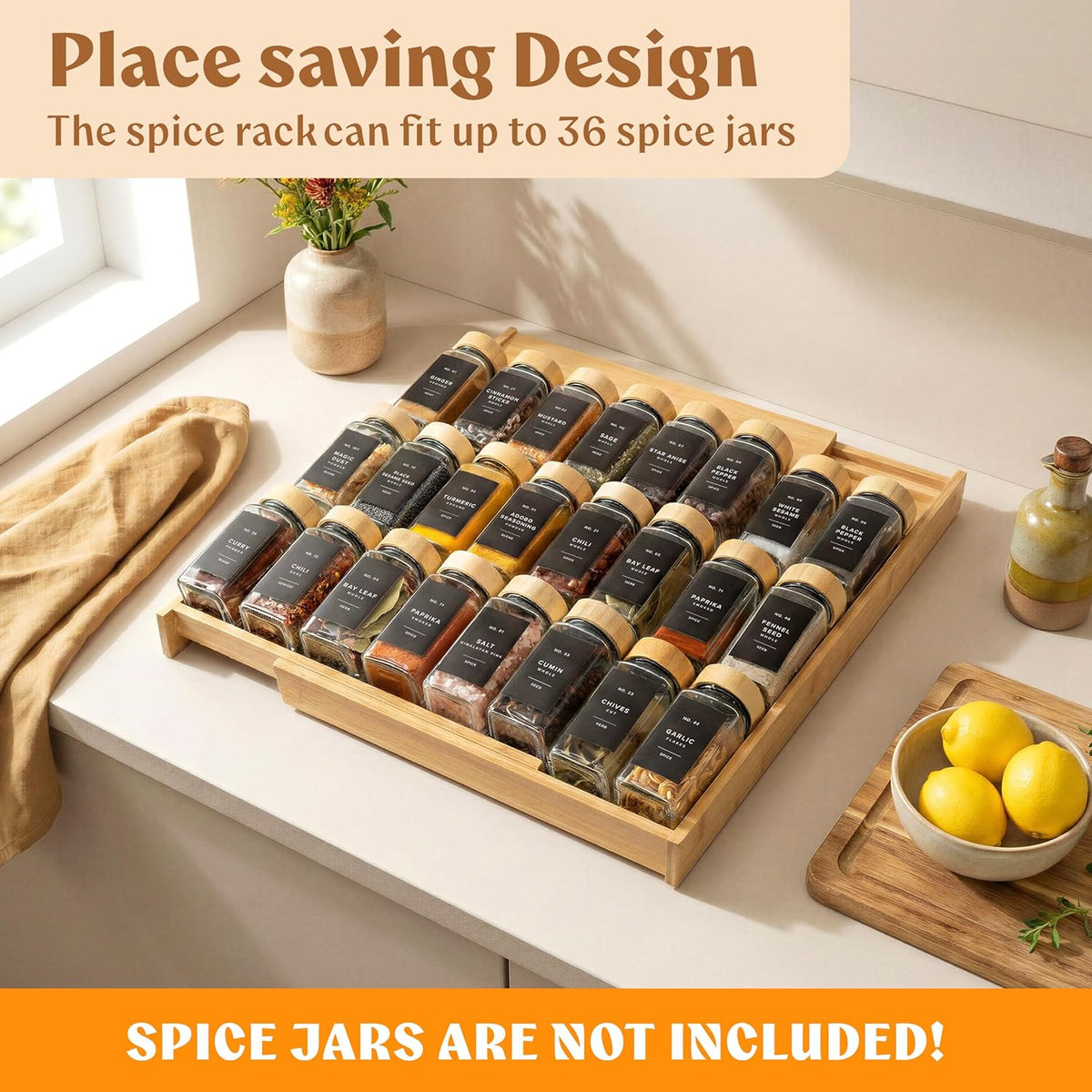 EDELHAUS Bamboo Spice Drawer Organizer, Expandable 4 Tier Spice Rack