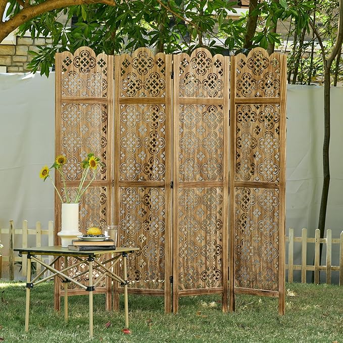 68.9Inch Folding Room Divider, 4 Panels Wood Carved Privacy Screens - Image 7