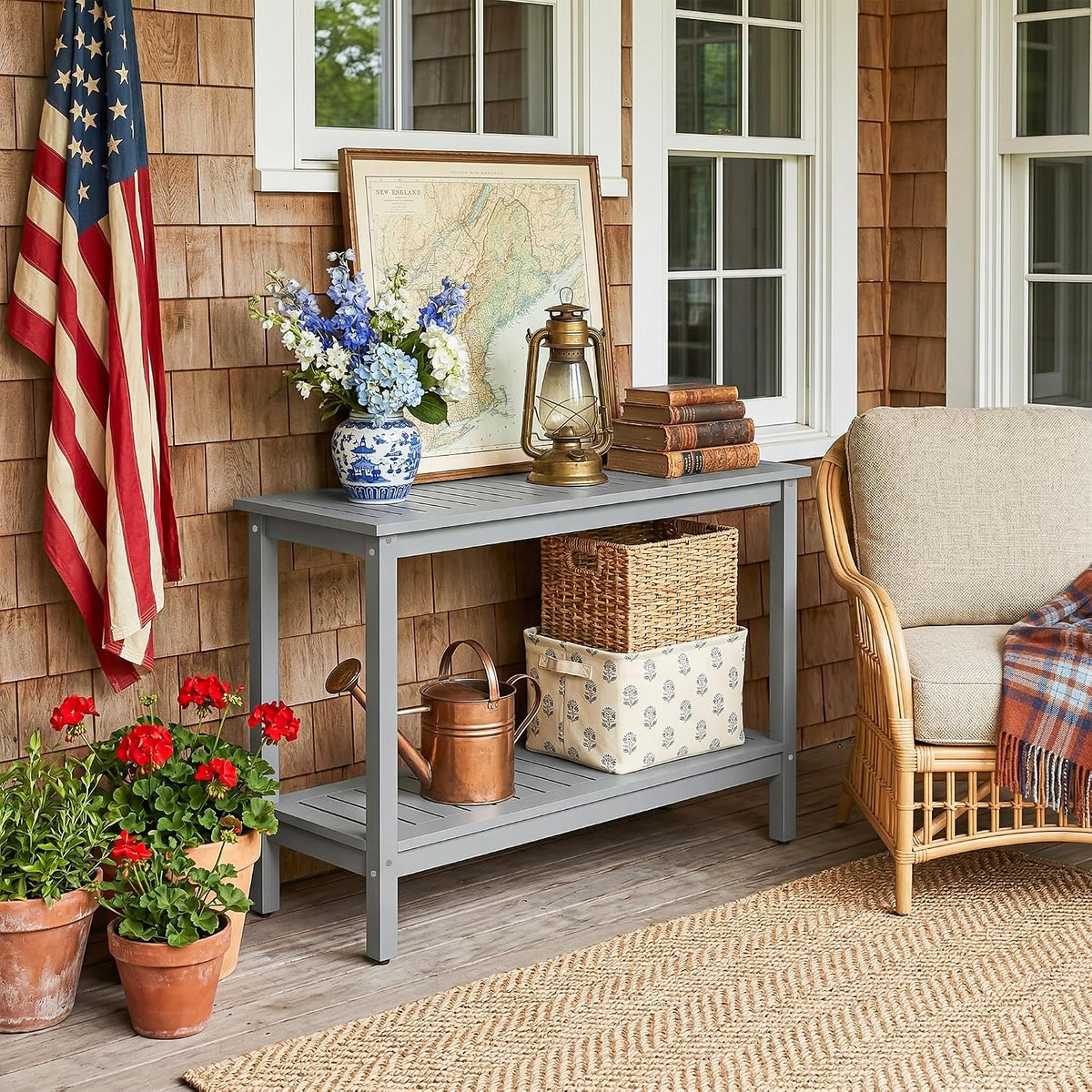 SUPER DEAL 48 inch Outdoor Console Table, 2-Tier Solid Wood Side Table Multif...