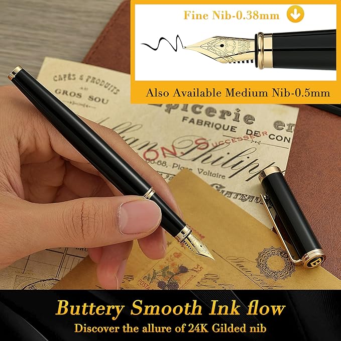 BEILUNER Black Personalized Fountain Pen, Stunning Luxury Lacquer, 24K Gilded - Image 4