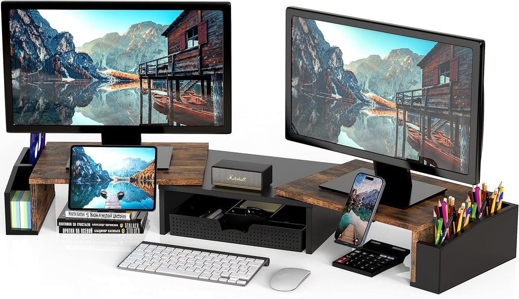simple houseware desk dual monitor stand riser with shown in use