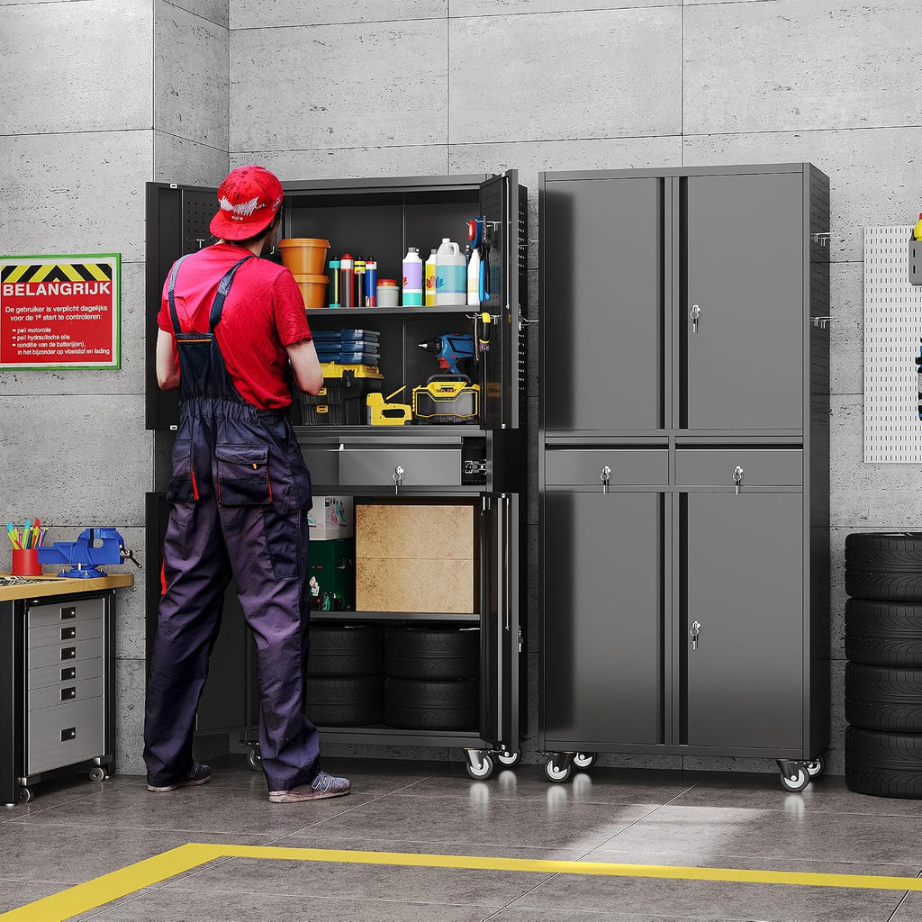 71-inch garage storage cabinet with 2 drawers, wheels, front angle view