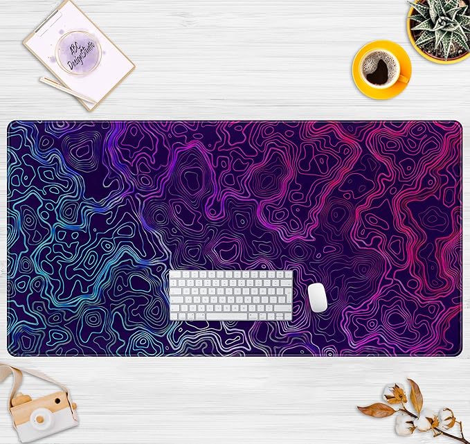 Blue Purple Desk Pad Topographic Map Desk Mat XXL Large Extended Gaming Mouse - Image 2