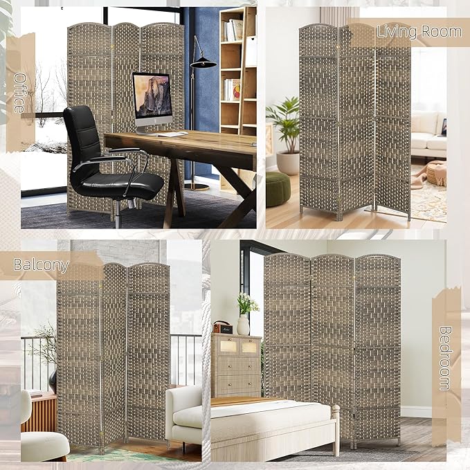 HOMCOM 3 Panel Room Divider, Hand-Woven Freestanding Wall Partition - Image 6