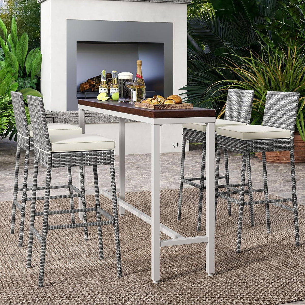 Tangkula Set of 2 Patio Wicker Barstools, Outdoor Bar Height Chair w/Soft Sea...