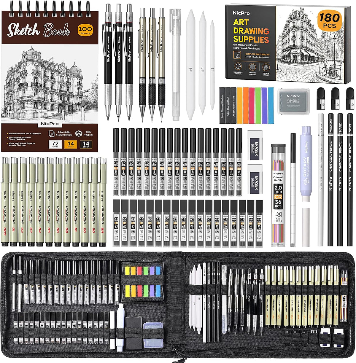 nicpro 180 pcs art drawing supplies kit, pro, main product view
