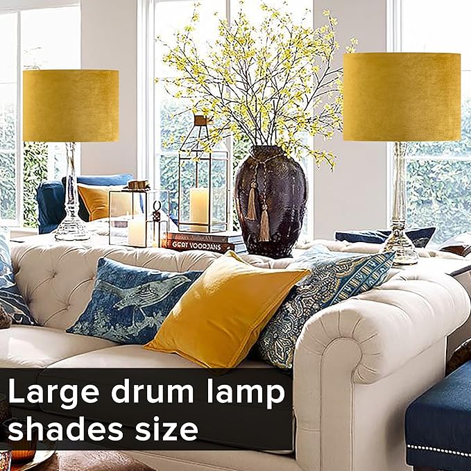 GO&SO Set of 2 Large Drum Yellow Velvet Lamp Shade -16" Top x 16" Bottom x 12" - Image 8