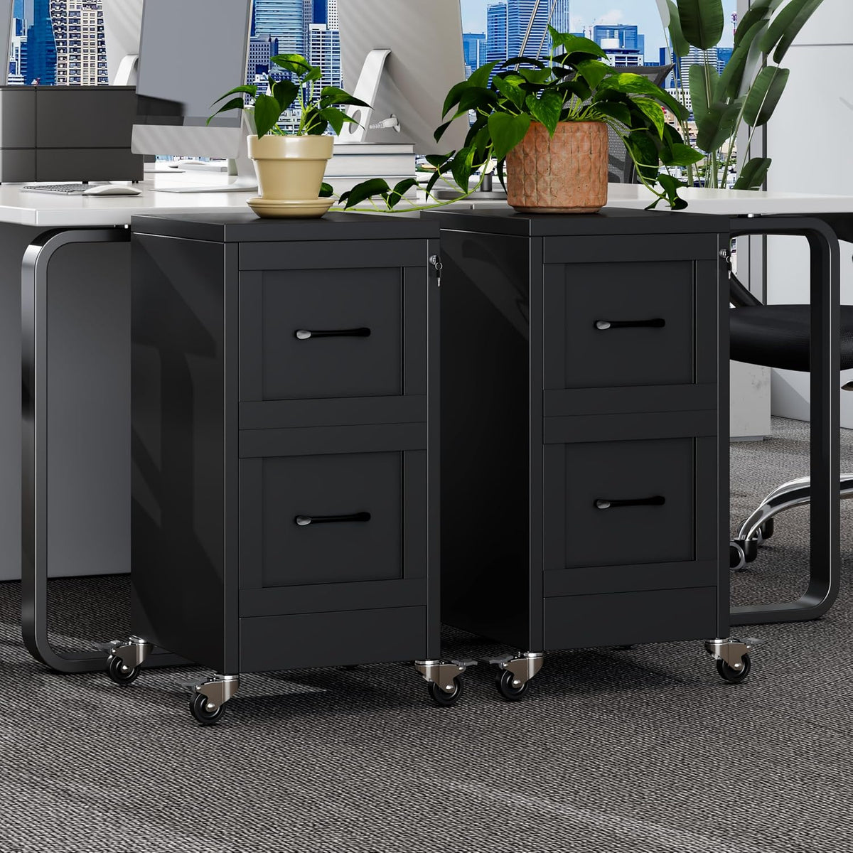 2 drawer rolling metal file cabinet with lock,narrow shown in use